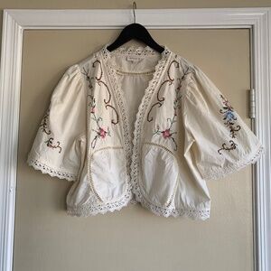 Jennifer & Grace Beige Lace Cross Stitch Floral Cardigan Shirt Sz.L Cottage Core